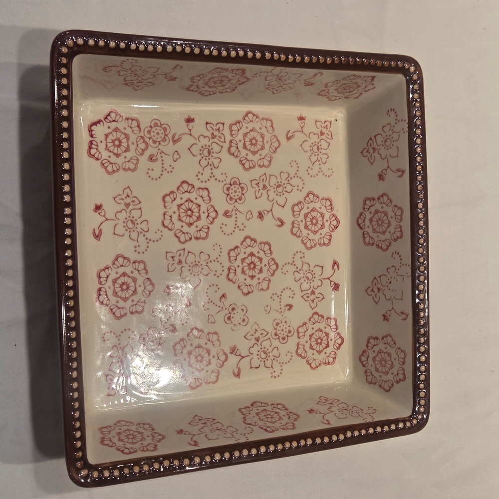 Napa Pottery Signature Housewares 10 inch Square Baker Burgundy Floral Stoneware
